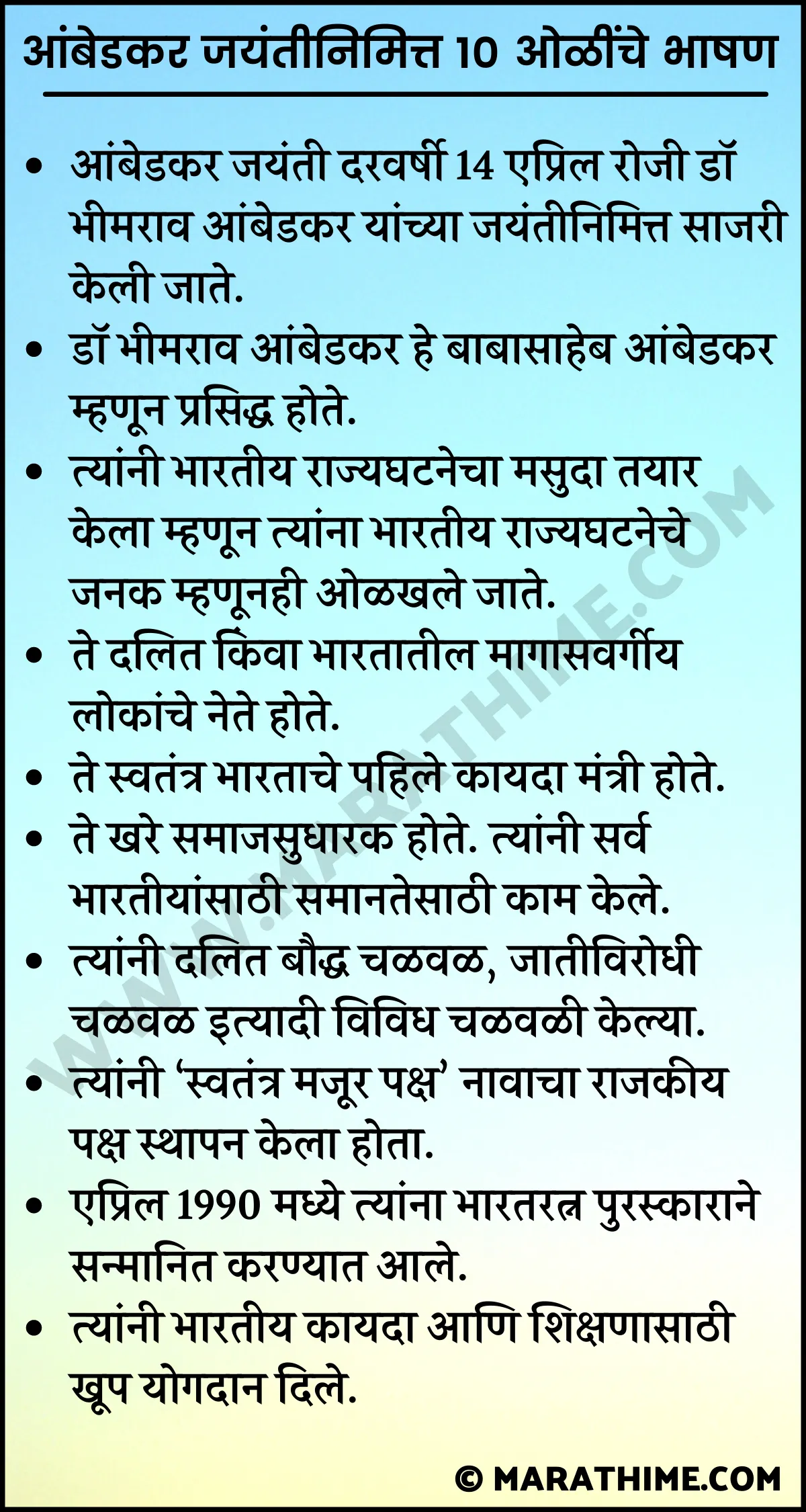 आंबेडकर जयंती निमित्त १० ओळींचे भाषण-10 Line Speech on Ambedkar Jayanti in Marathi